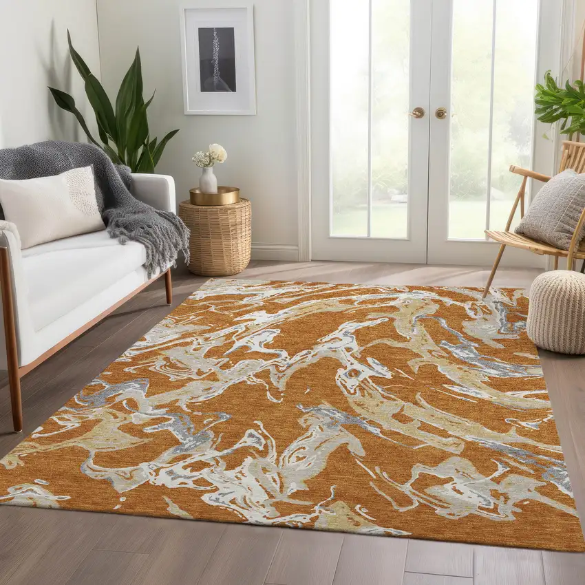 Copper Gray And Ivory Abstract Washable Area Rug With UV Protection Photo 4