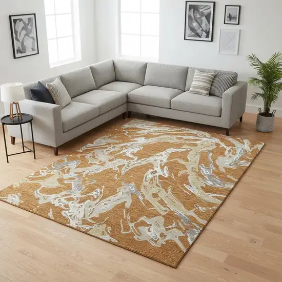 Copper Gray And Ivory Abstract Washable Area Rug With UV Protection Photo 2