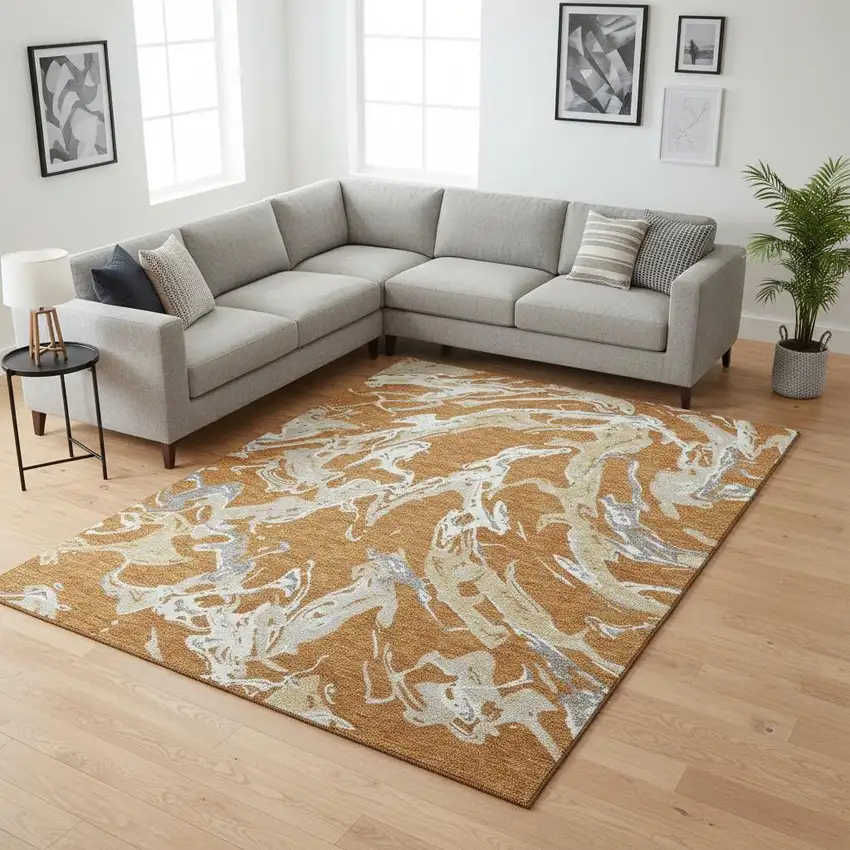 Copper Gray And Ivory Abstract Washable Area Rug With UV Protection Photo 2