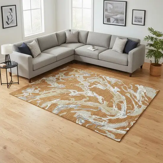 Copper Gray And Ivory Abstract Washable Area Rug With UV Protection Photo 2