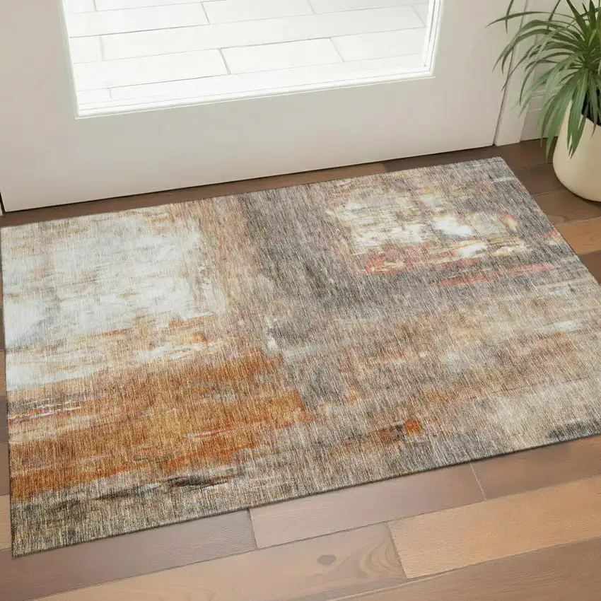Copper Gray And Ivory Abstract Washable Area Rug With UV Protection Photo 1