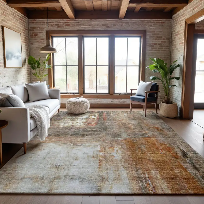 Copper Gray And Ivory Abstract Washable Area Rug With UV Protection Photo 2