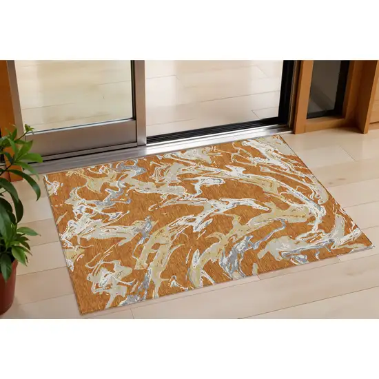 Copper Gray And Ivory Abstract Washable Indoor Outdoor Area Rug Photo 1
