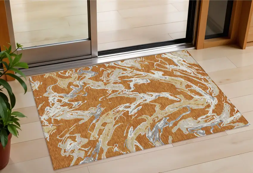 Copper Gray And Ivory Abstract Washable Indoor Outdoor Area Rug Photo 1