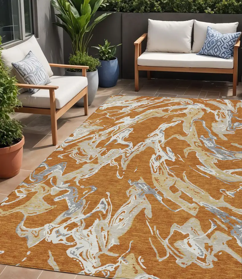 Copper Gray And Ivory Abstract Washable Indoor Outdoor Area Rug Photo 1