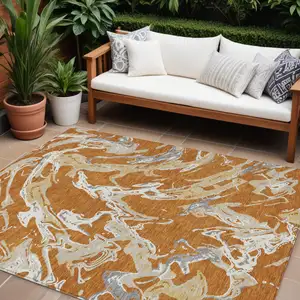 Photo of Copper Gray And Ivory Abstract Washable Indoor Outdoor Area Rug