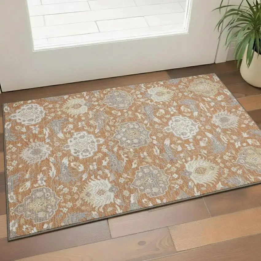 Copper Gray And Ivory Damask Washable Area Rug With UV Protection Photo 2