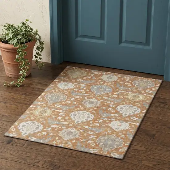 Copper Gray And Ivory Damask Washable Area Rug With UV Protection Photo 1