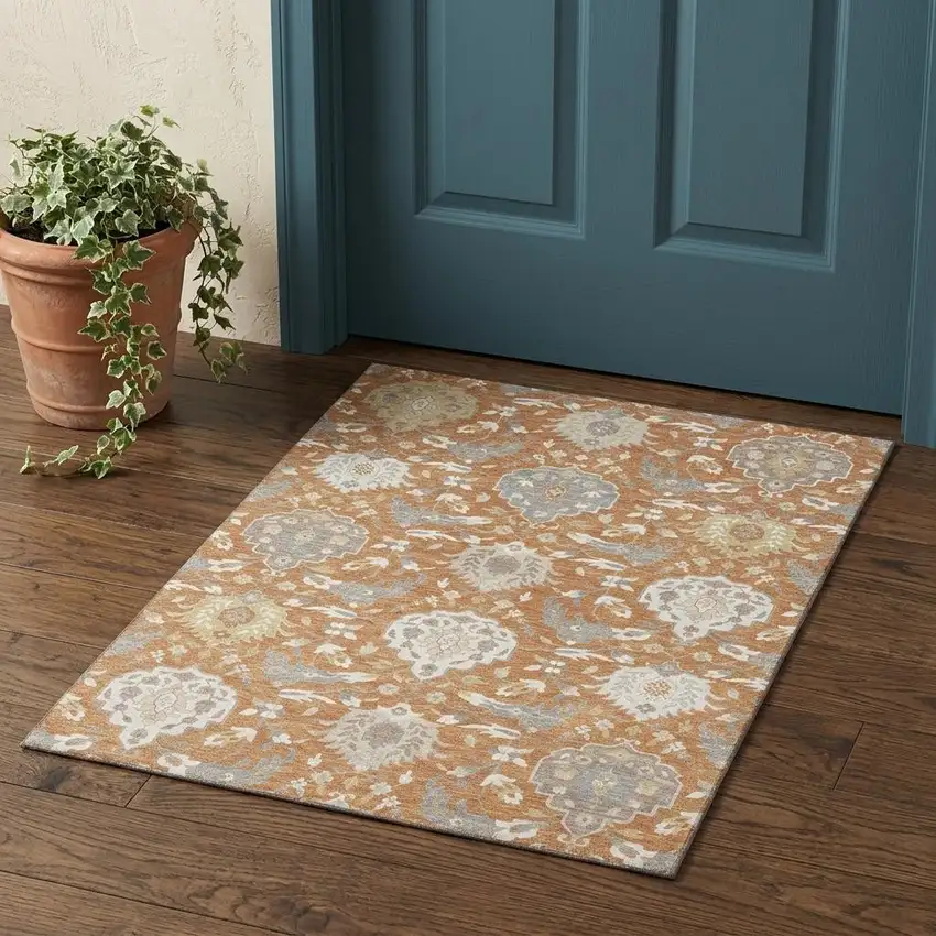 Copper Gray And Ivory Damask Washable Area Rug With UV Protection Photo 1
