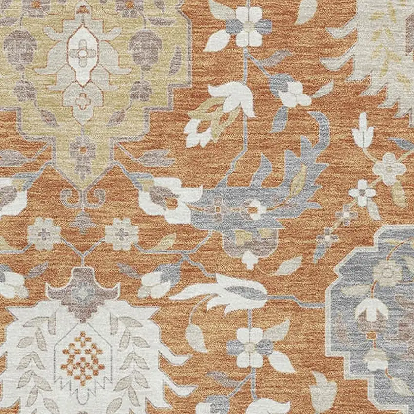 Copper Gray And Ivory Damask Washable Area Rug With UV Protection Photo 2