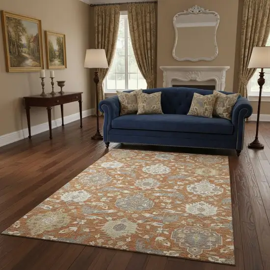 Copper Gray And Ivory Damask Washable Area Rug With UV Protection Photo 2