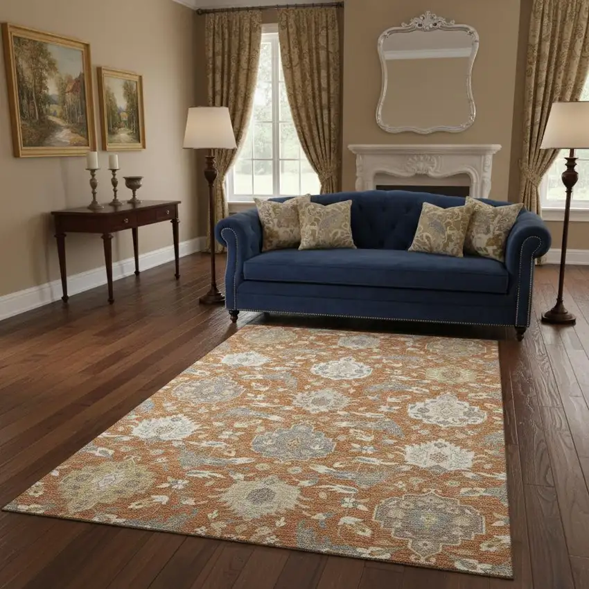 Copper Gray And Ivory Damask Washable Area Rug With UV Protection Photo 2