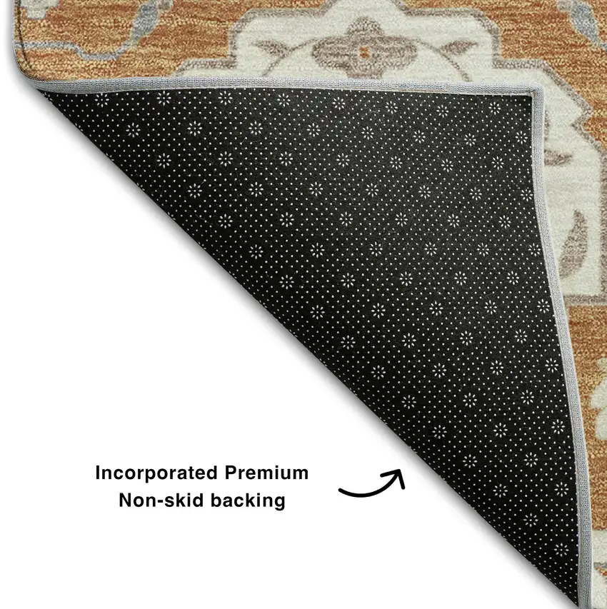 Copper Gray And Ivory Damask Washable Area Rug With UV Protection Photo 6