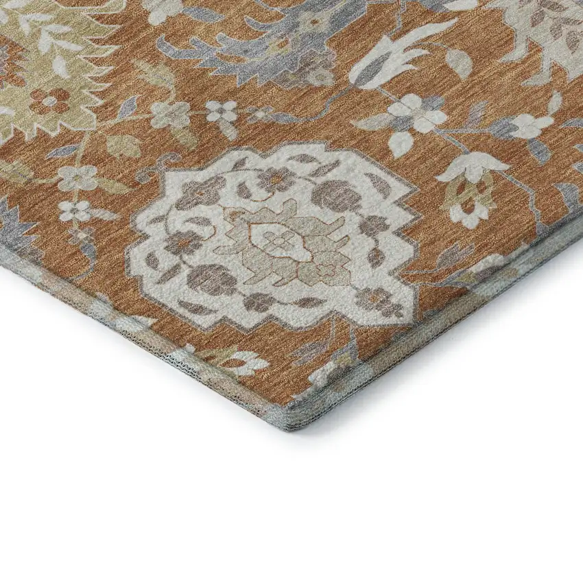 Copper Gray And Ivory Damask Washable Area Rug With UV Protection Photo 7