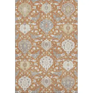 Photo of Copper Gray And Ivory Damask Washable Area Rug With UV Protection