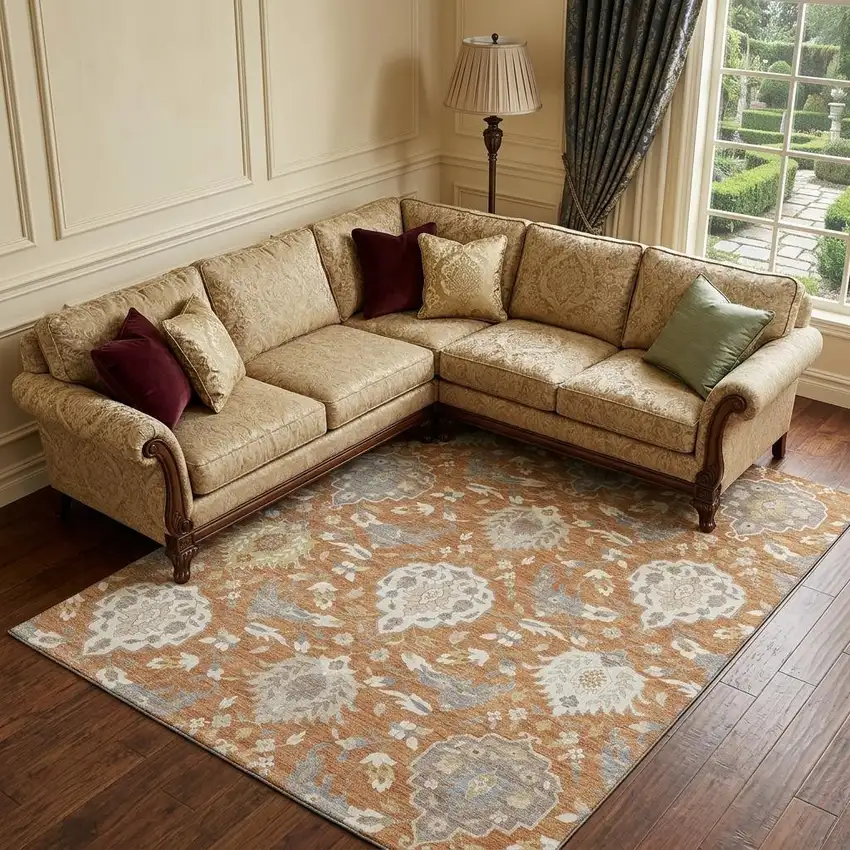 Copper Gray And Ivory Damask Washable Area Rug With UV Protection Photo 1