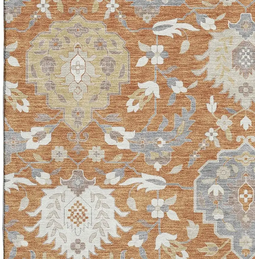 Copper Gray And Ivory Damask Washable Area Rug With UV Protection Photo 3