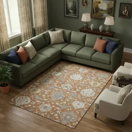 Copper Gray And Ivory Damask Washable Area Rug With UV Protection Photo 2