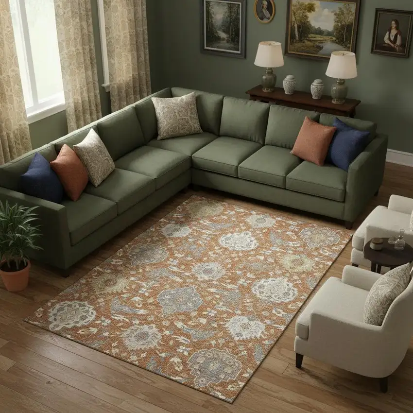 Copper Gray And Ivory Damask Washable Area Rug With UV Protection Photo 2