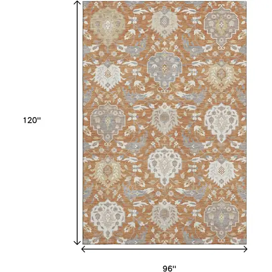 Copper Gray And Ivory Damask Washable Area Rug With UV Protection Photo 8