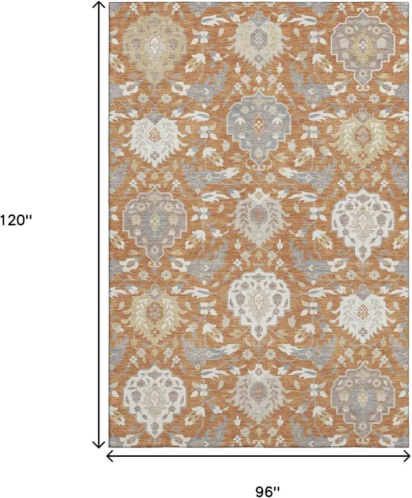 Copper Gray And Ivory Damask Washable Area Rug With UV Protection Photo 8