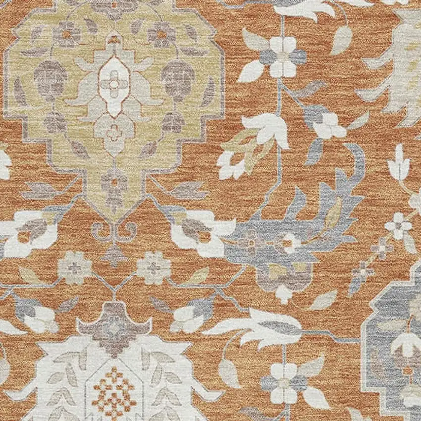 Copper Gray And Ivory Damask Washable Area Rug With UV Protection Photo 2