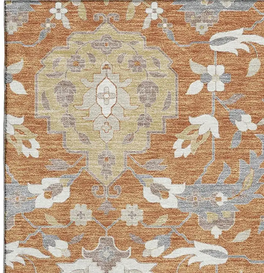 Copper Gray And Ivory Damask Washable Area Rug With UV Protection Photo 2