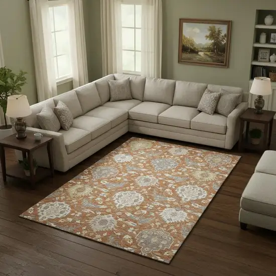Copper Gray And Ivory Damask Washable Area Rug With UV Protection Photo 2