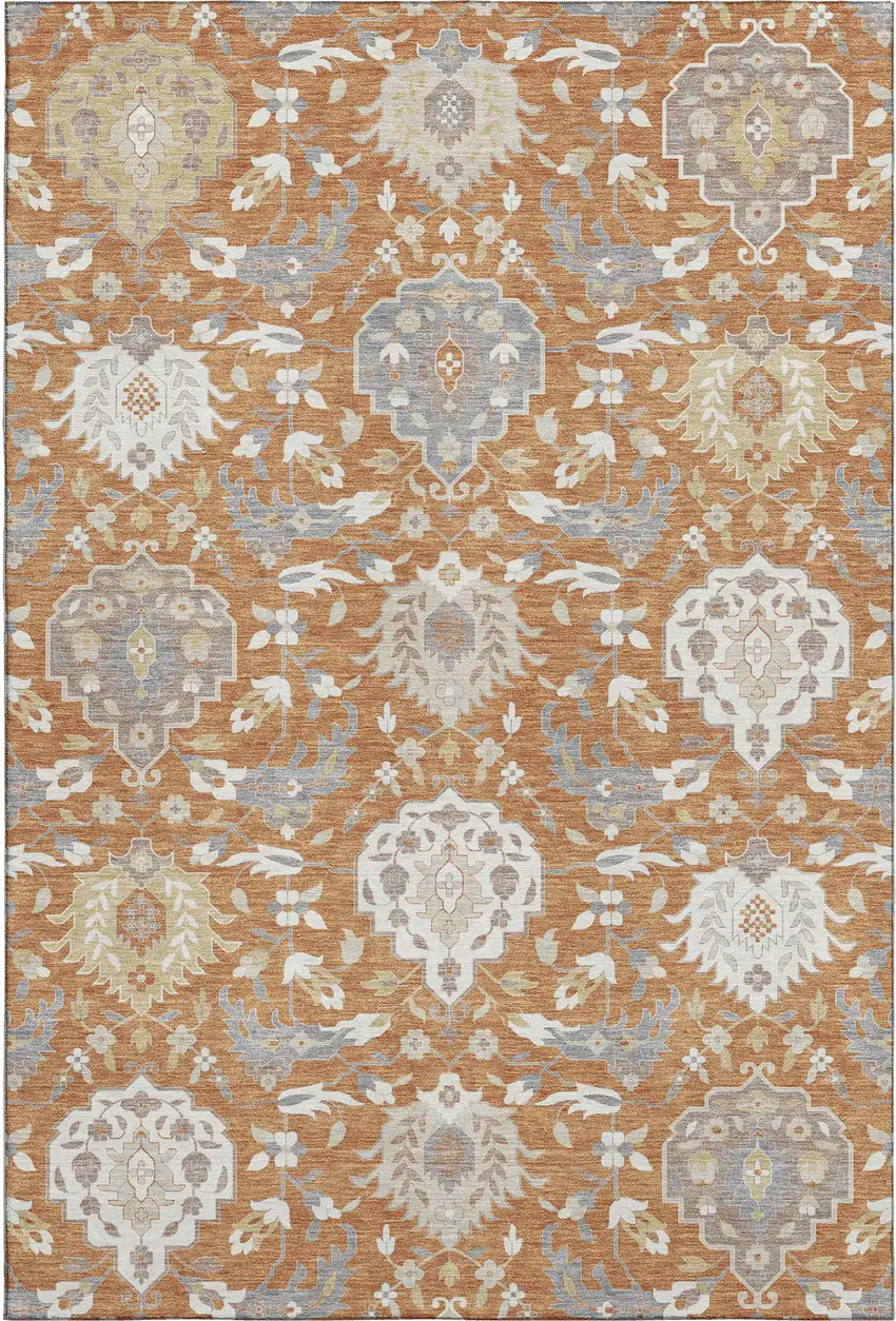 Copper Gray And Ivory Damask Washable Area Rug With UV Protection Photo 1