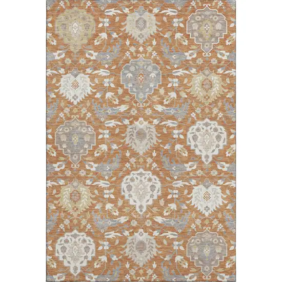 Copper Gray And Ivory Damask Washable Area Rug With UV Protection Photo 1