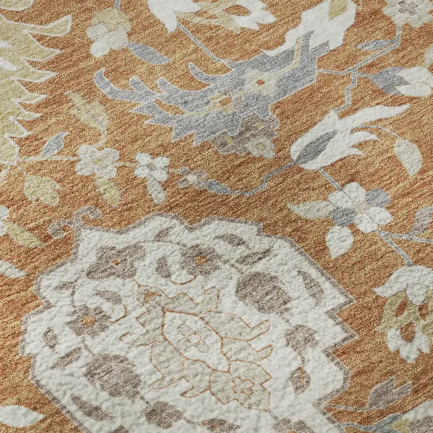 Copper Gray And Ivory Damask Washable Area Rug With UV Protection Photo 9