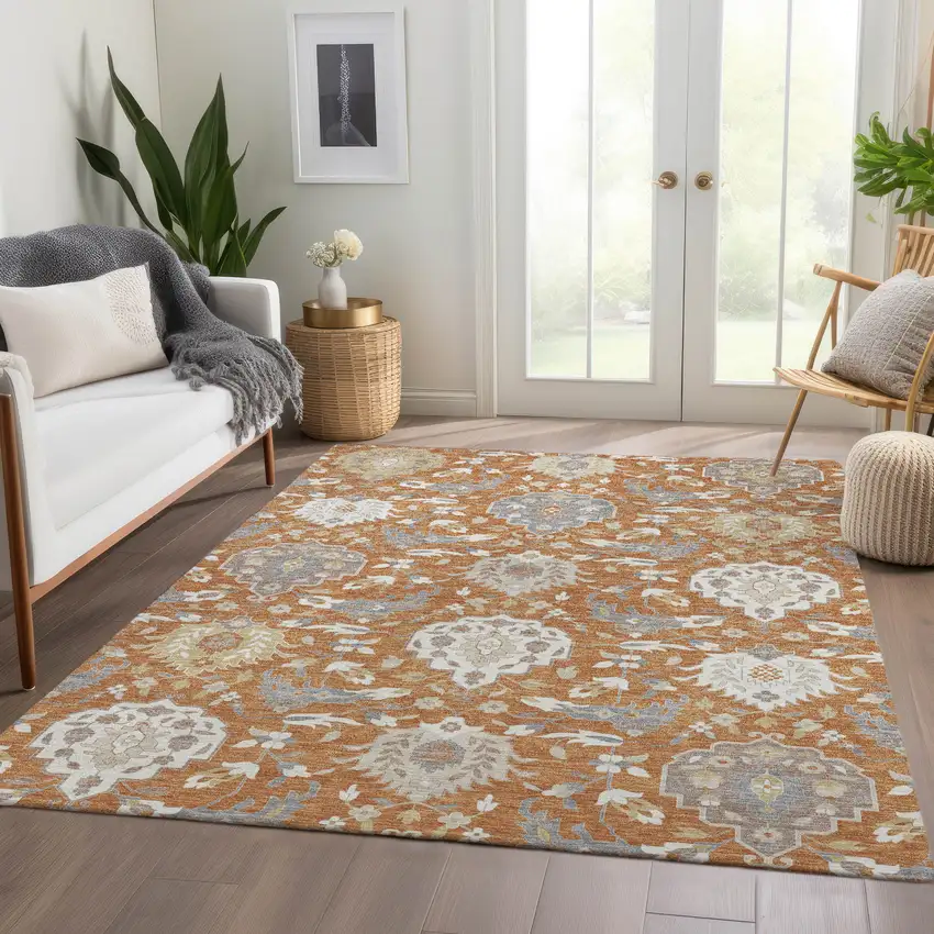 Copper Gray And Ivory Damask Washable Area Rug With UV Protection Photo 5