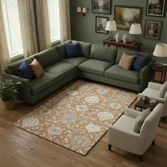 Copper Gray And Ivory Damask Washable Area Rug With UV Protection Photo 2