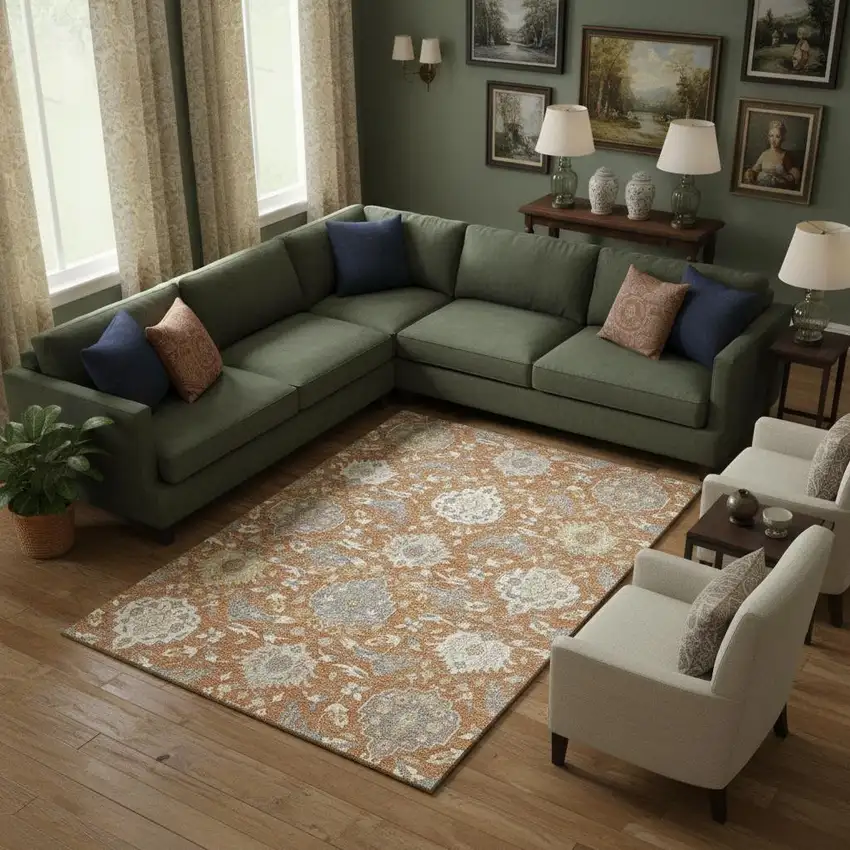 Copper Gray And Ivory Damask Washable Area Rug With UV Protection Photo 2