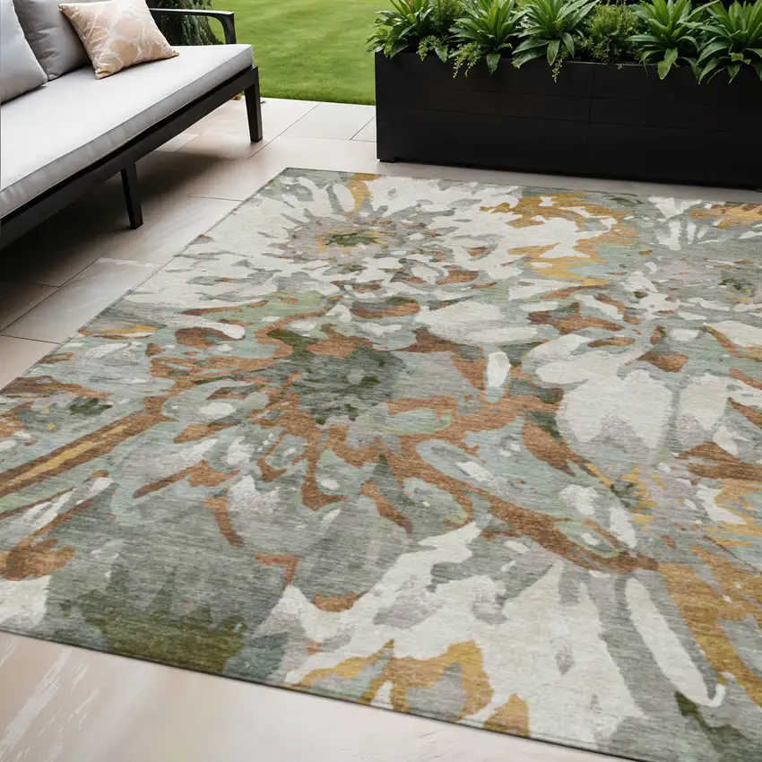 Copper Gray And Ivory Floral Washable Indoor Outdoor Area Rug Photo 1