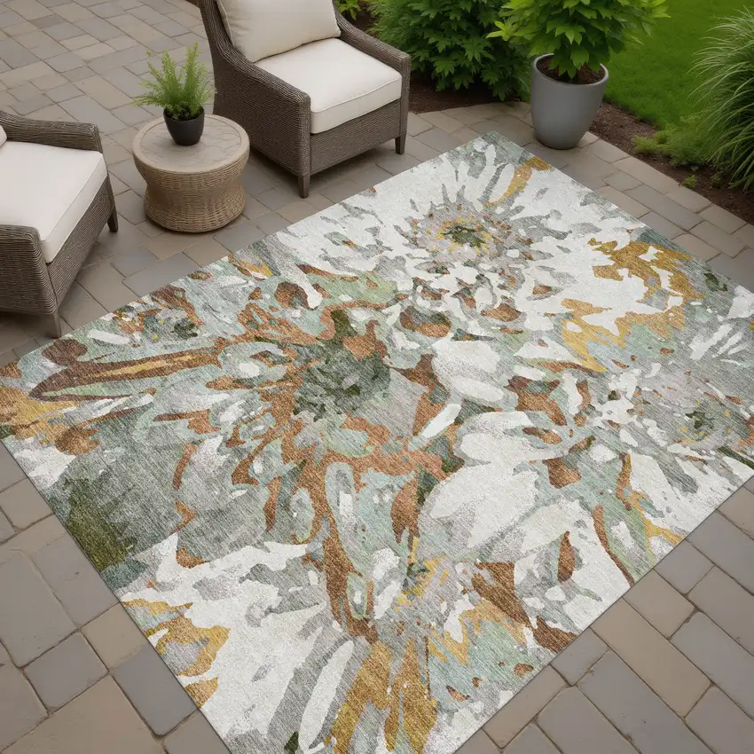 Copper Gray And Ivory Floral Washable Indoor Outdoor Area Rug Photo 9