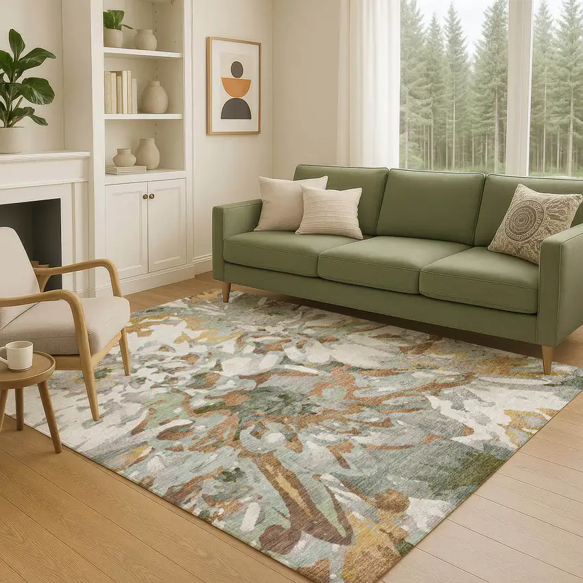 Copper Gray And Ivory Floral Washable Indoor Outdoor Area Rug Photo 9