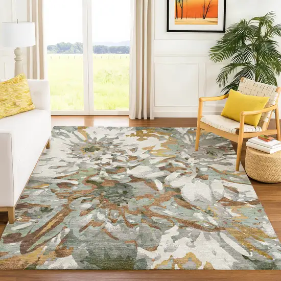 Copper Gray And Ivory Floral Washable Indoor Outdoor Area Rug Photo 9