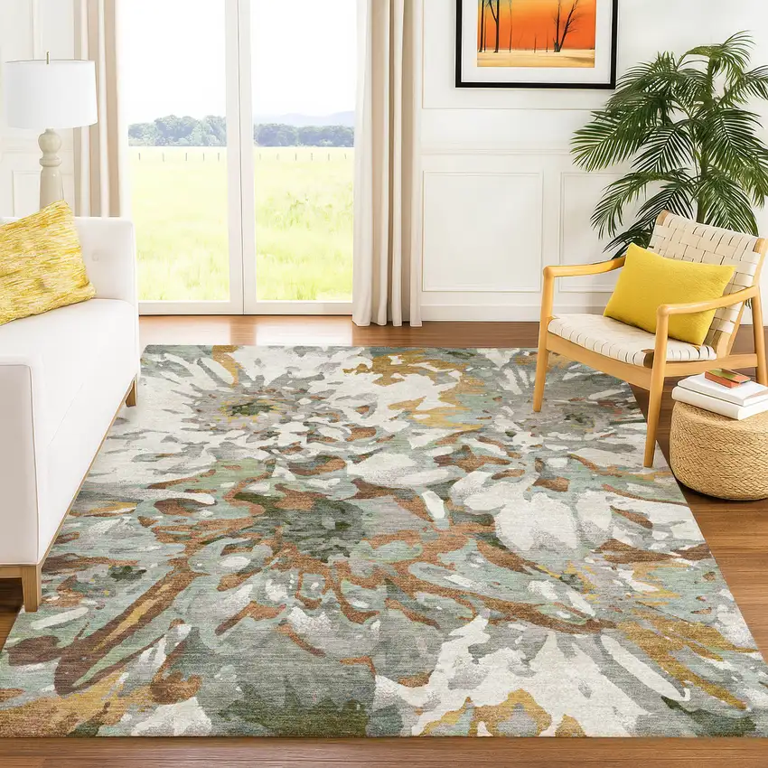 Copper Gray And Ivory Floral Washable Indoor Outdoor Area Rug Photo 9