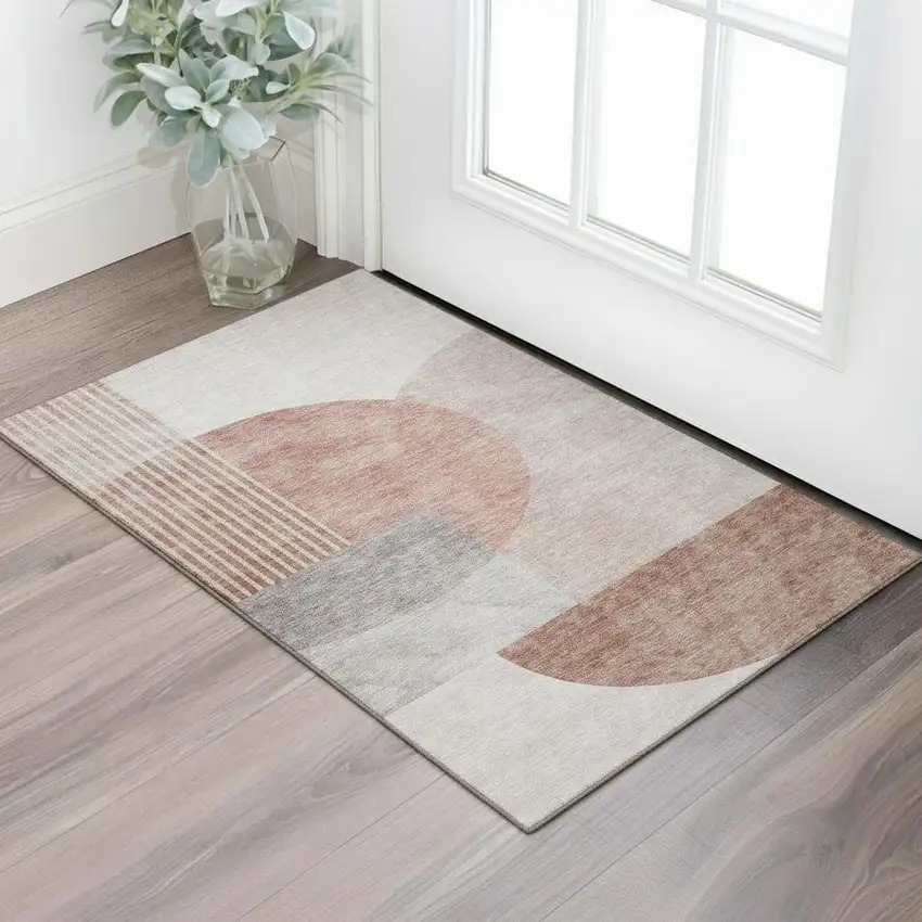 Copper Gray And Ivory Geometric Washable Area Rug With UV Protection Photo 1
