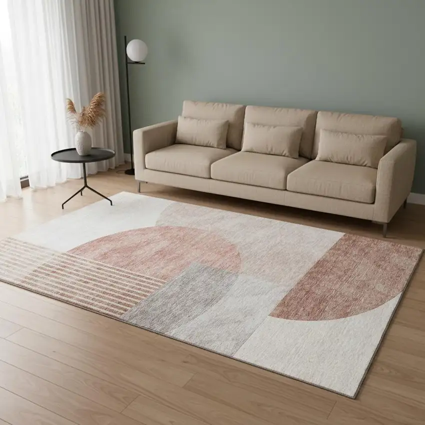Copper Gray And Ivory Geometric Washable Area Rug With UV Protection Photo 1