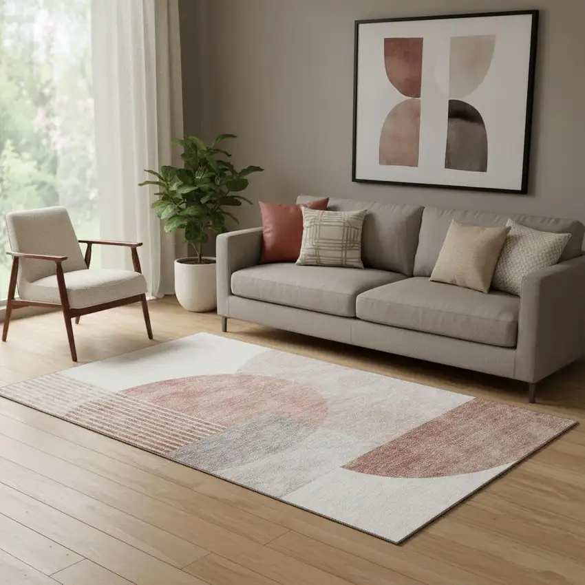 Copper Gray And Ivory Geometric Washable Area Rug With UV Protection Photo 1