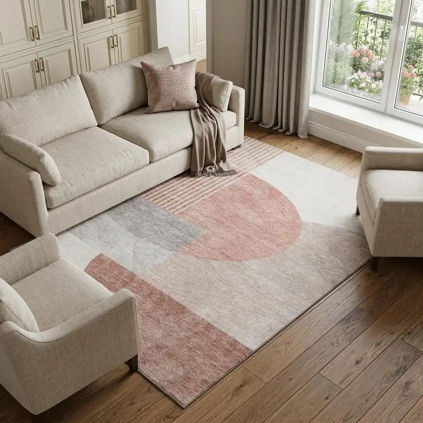 Copper Gray And Ivory Geometric Washable Area Rug With UV Protection Photo 1