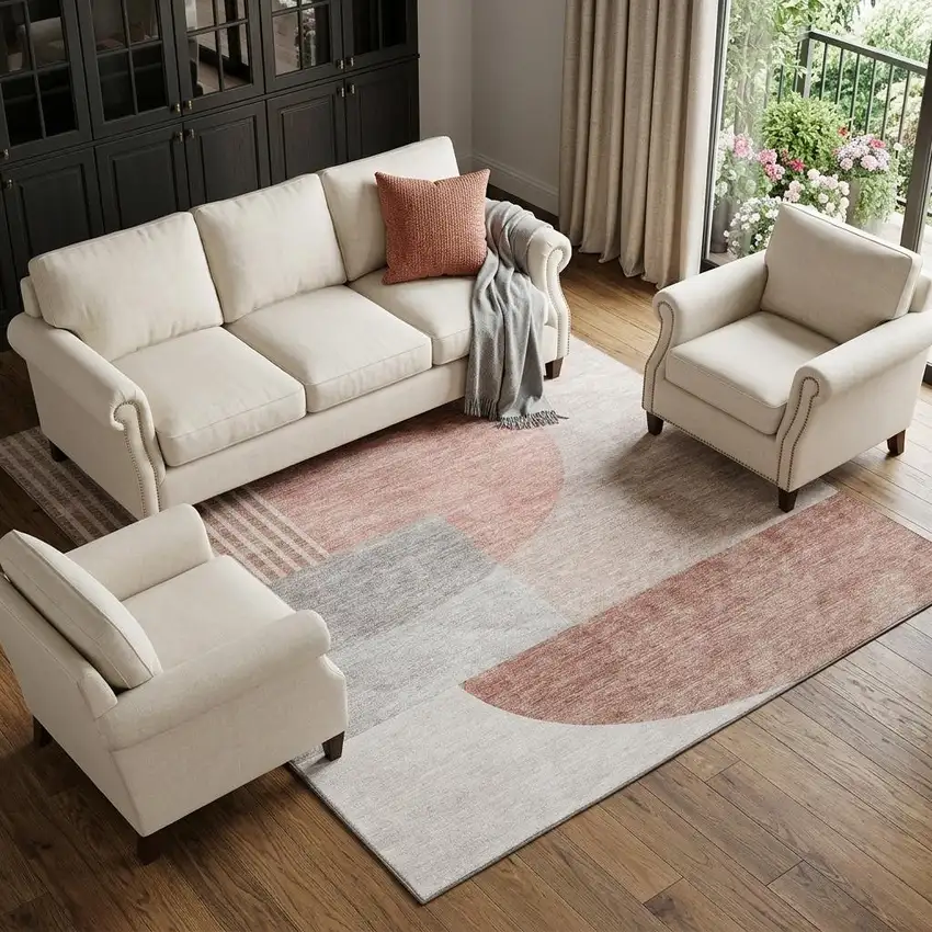 Copper Gray And Ivory Geometric Washable Area Rug With UV Protection Photo 1
