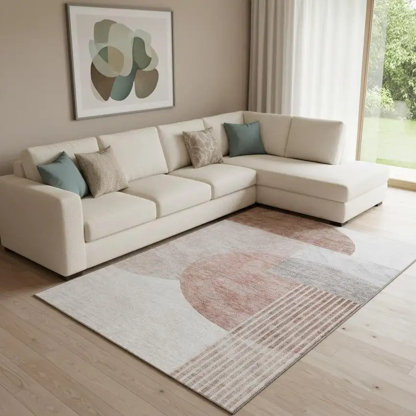 Copper Gray And Ivory Geometric Washable Area Rug With UV Protection Photo 1