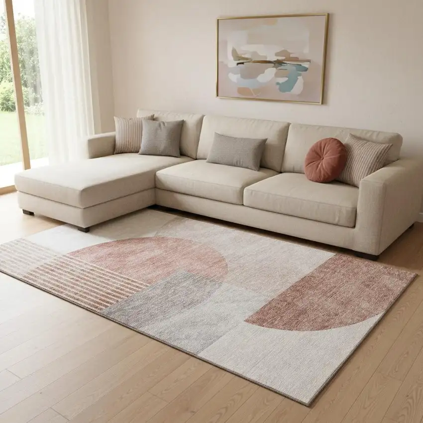 Copper Gray And Ivory Geometric Washable Area Rug With UV Protection Photo 1