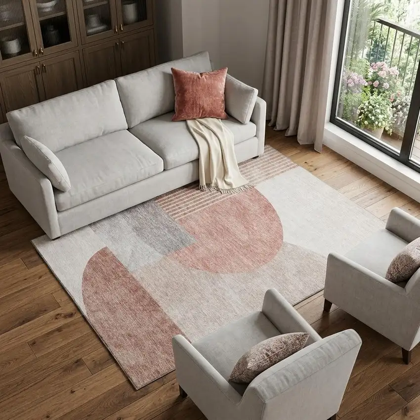 Copper Gray And Ivory Geometric Washable Area Rug With UV Protection Photo 1