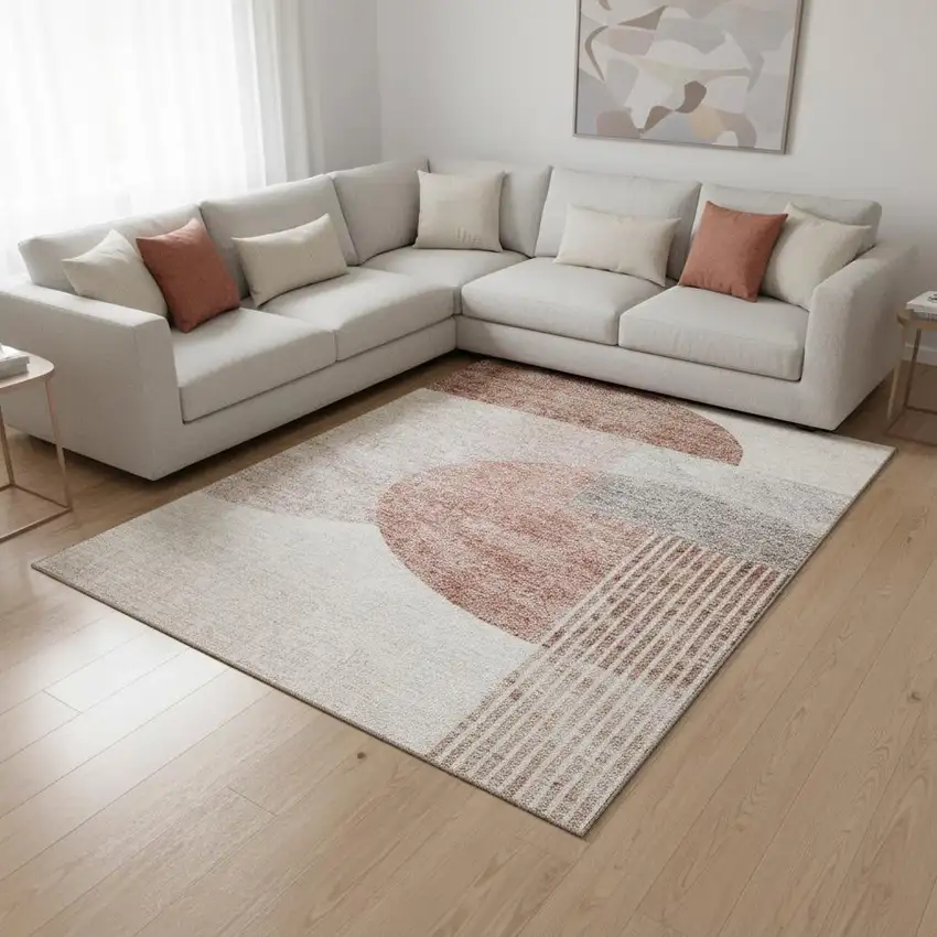 Copper Gray And Ivory Geometric Washable Area Rug With UV Protection Photo 1