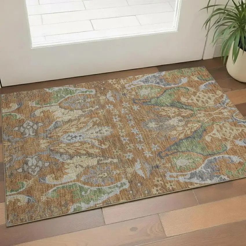 Copper Gray And Olive Green Floral Washable Area Rug With UV Protection Photo 2