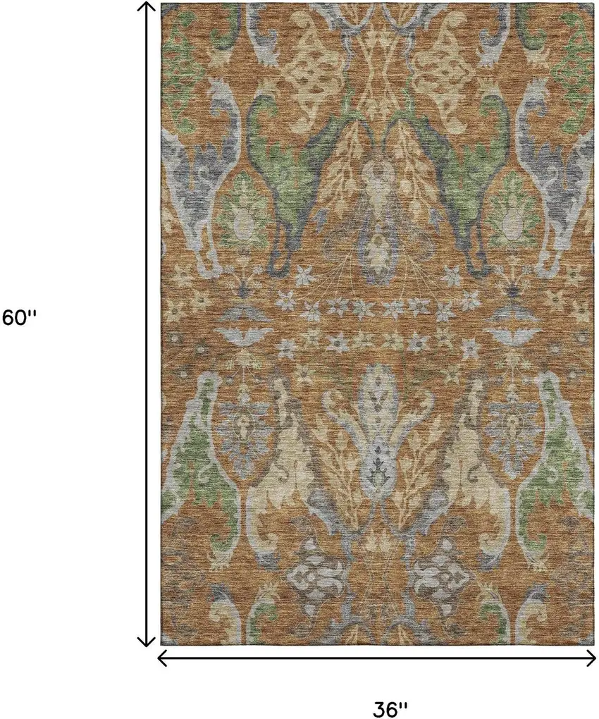 Copper Gray And Olive Green Floral Washable Area Rug With UV Protection Photo 3